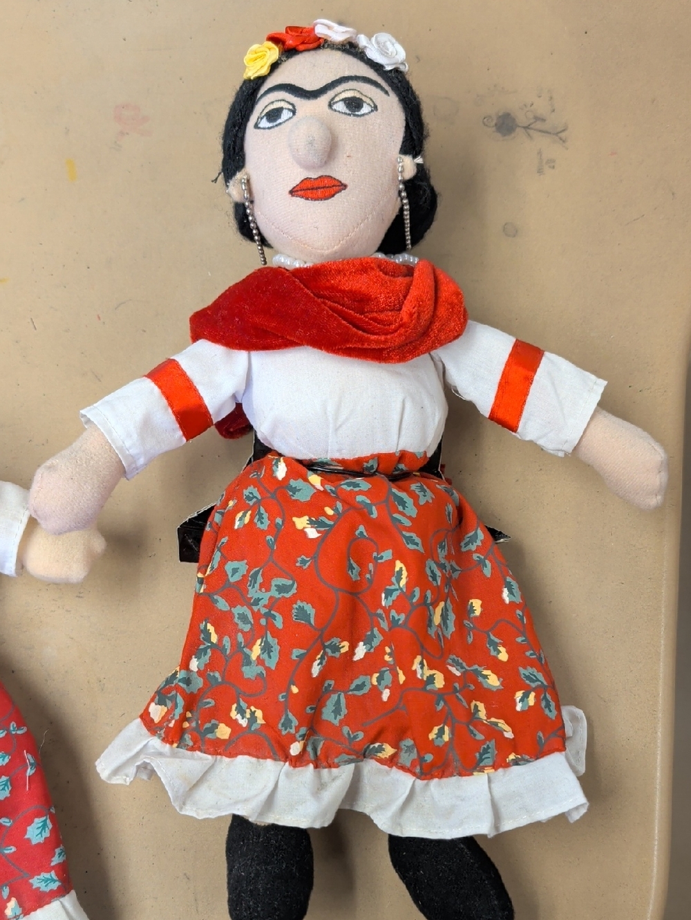 Cherry red Frida Kahlo Cloth Doll in Red Floral Dress
